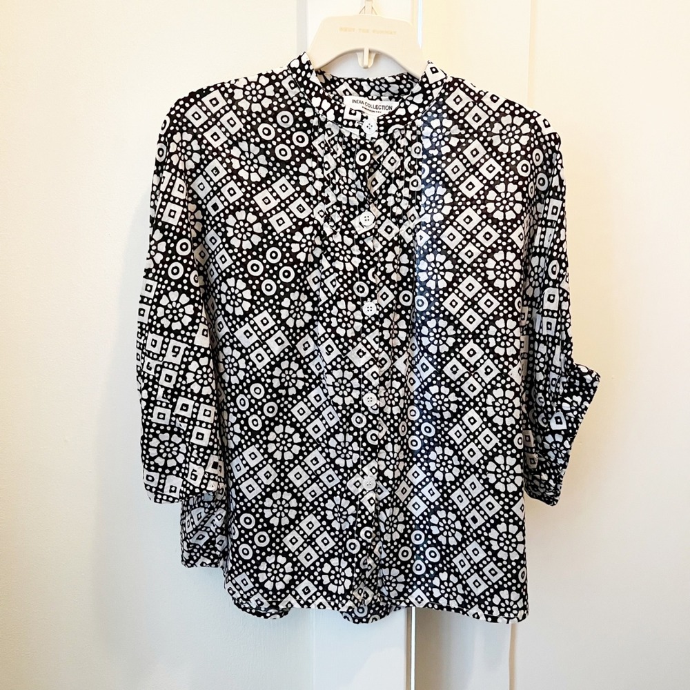 Emerson Fry India Collection Mandarin Collar Daisy Check Button Top‎ One Size